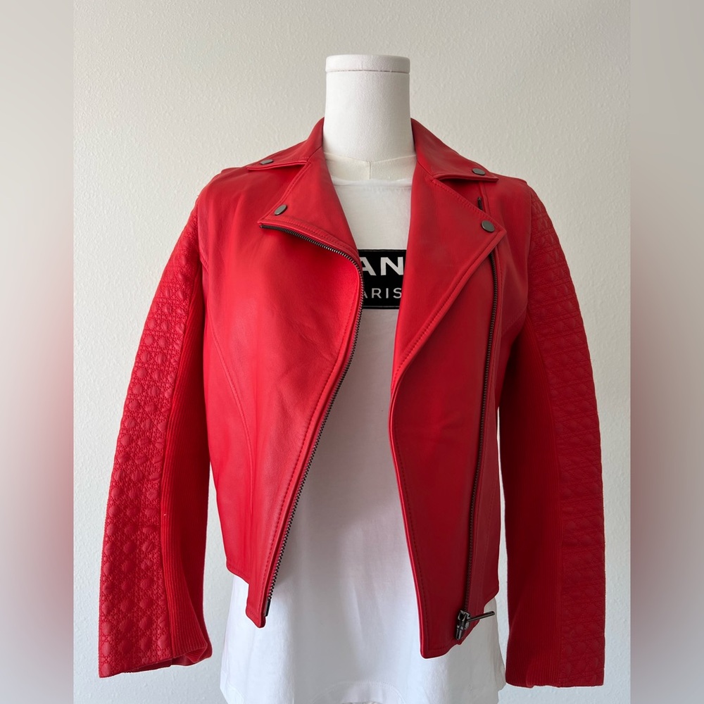 Authentic Dior Red Cannage Leather Biker Jacket